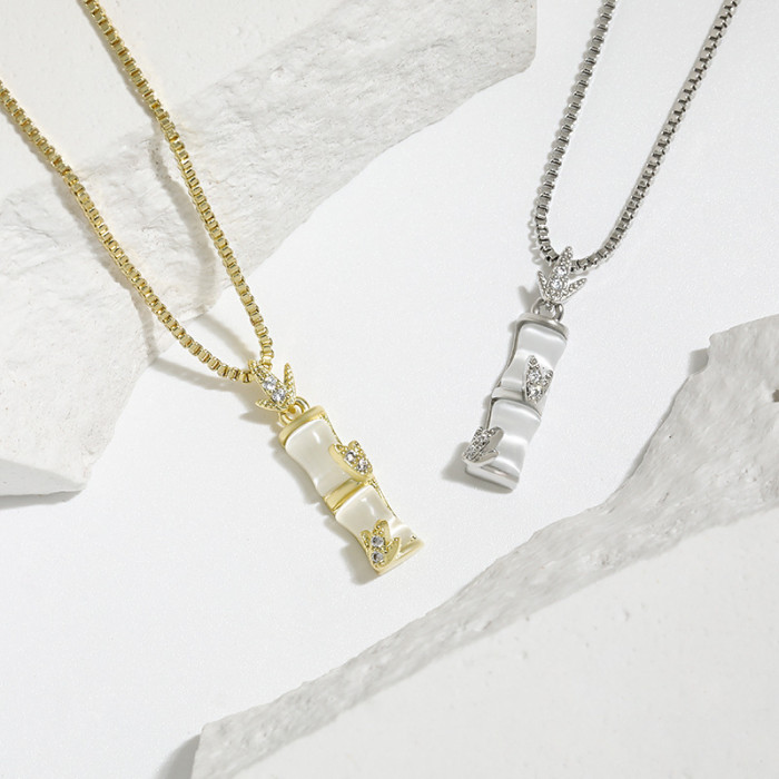 White Chalcedony Bamboo Pendant Collarbone Chain Korean Style Summer Versatile Niche Design Minimalist INS Style Bamboo Necklace
