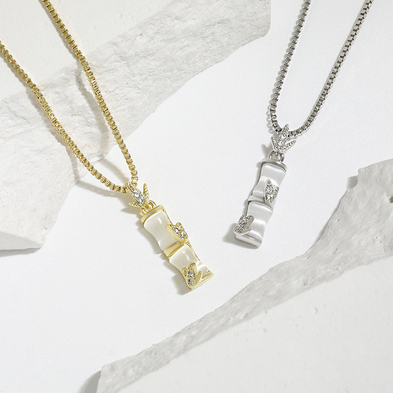 White Chalcedony Bamboo Pendant Collarbone Chain Korean Style Summer Versatile Niche Design Minimalist INS Style Bamboo Necklace
