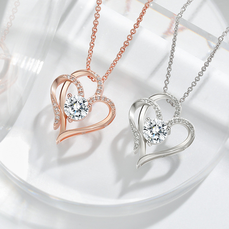 Cross-Border Platinum Double-Heart Pendant Necklace Women's Heart-to-Heart Elegant Temperament High-Grade Inlaid Zircon Heart Necklace