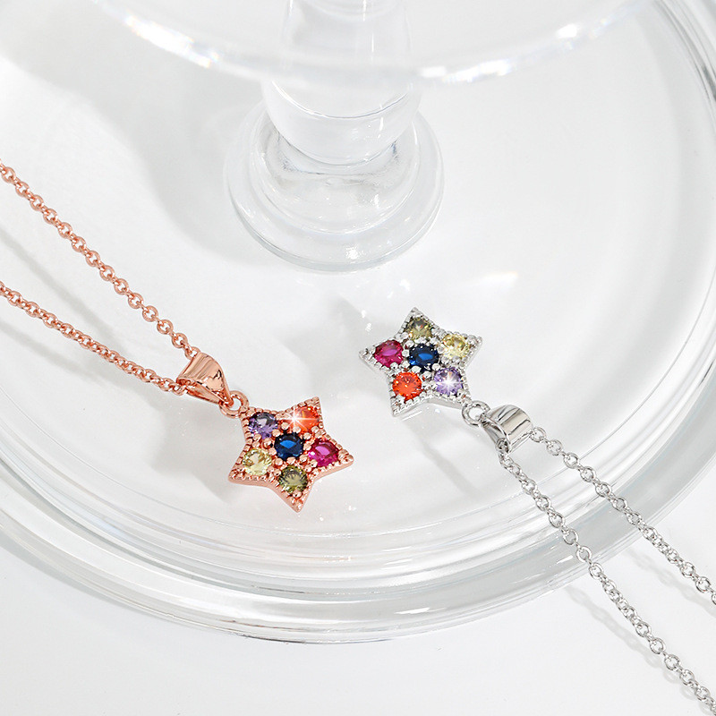 Star Colorful Diamond Necklace Bohemian INS Ethnic Art Style Colorful Polygonal Cat's Eye Stone Pentagram Necklace