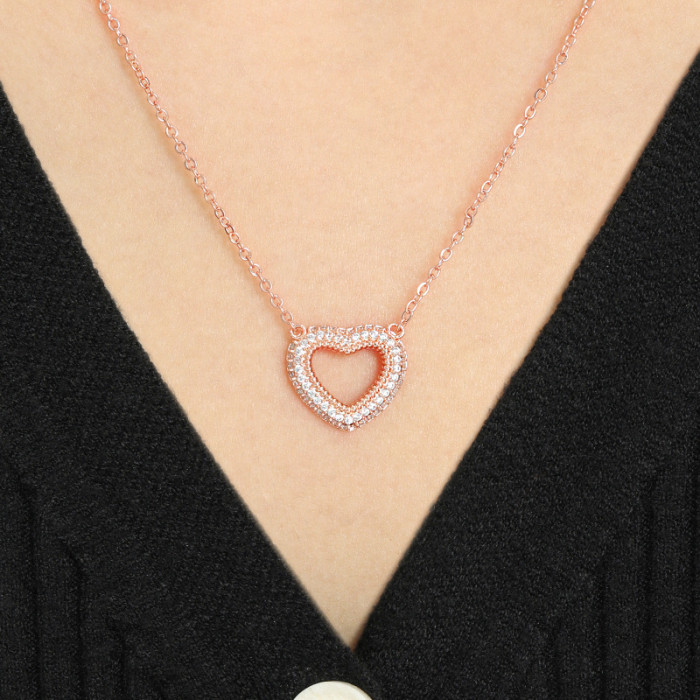 Korean Style Simple Heart Necklace Original Design Hollow Braided Double Layer Rose Gold Inlaid Diamond Heart Necklace