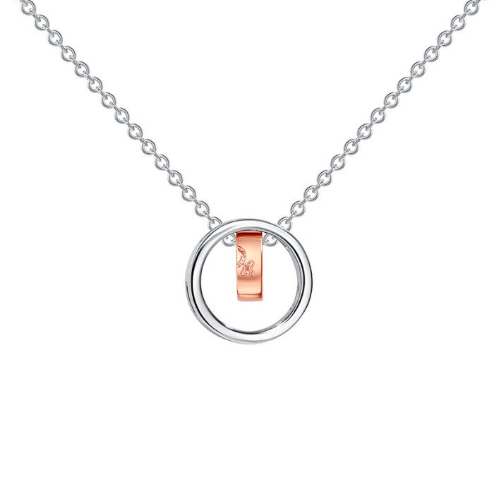 Beauty and the Beast Double Ring Pendant Necklace Japanese and Korean Version Gold Mixed Color High-end Sense Interlocking Couple Necklace