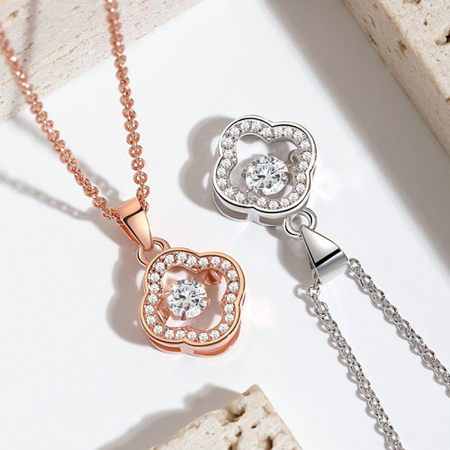 Lucky Clover Main Stone Dancing Pendant Necklace Rose Gold Beating Heart Korean Version Simple and Lively Four-leaf Clover Necklace