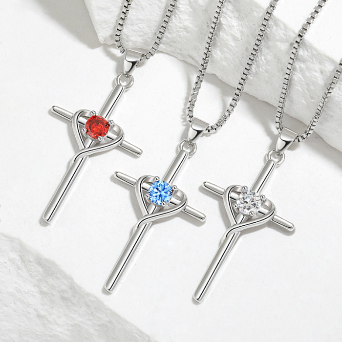 Cross-Border Heart-Shaped Zodiac Stone Collarbone Chain European and American Retro Minimalist Faith Cross Necklace