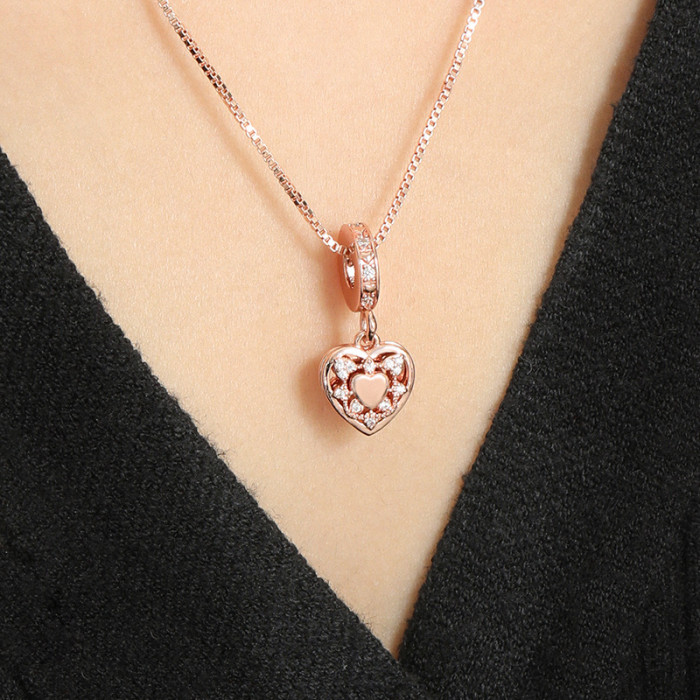 18K Gold Couple Double Layer Heart Pendant European and American Luxury New Rose Gold Full Diamond Hollow Hexagram Heart Necklace