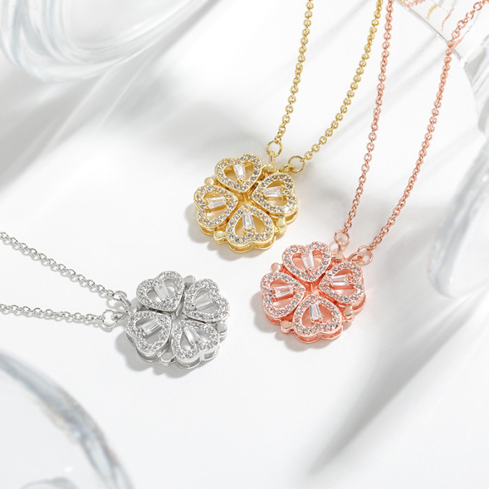 Dual-Wear-Style Love Heart Flowers Pendant Heart-Connected Niche Design-Style Multi-Wear Heart-Shaped Clover Necklace