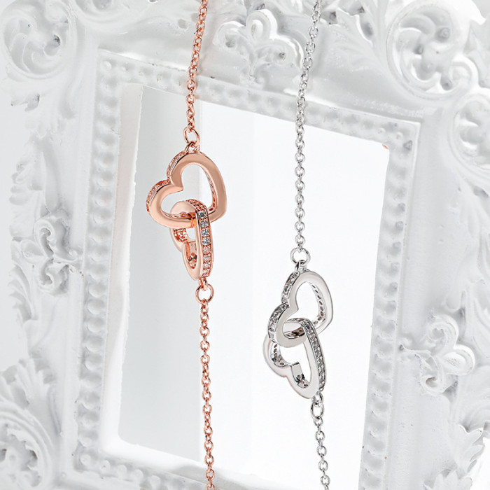 Heart-Shaped Double Ring Interlocking Collarbone Chain with Bonus, Japanese and Korean Style, Niche High-End Heart-Shaped Interlocking Necklace