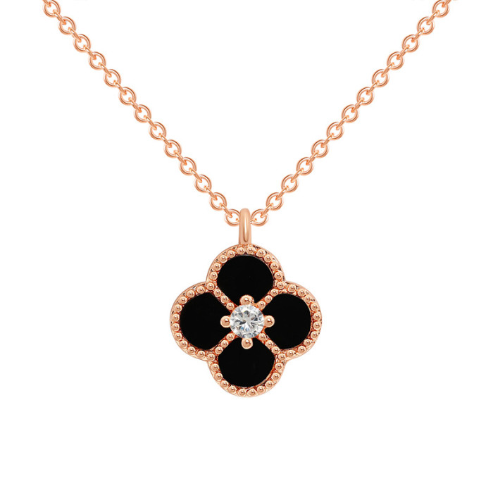 Chinese Valentine's Day Gift for Girlfriend Collarbone Chain 18K Rose Gold Lucky Four-Leaf Clover Mini Small Black Onyx Necklace
