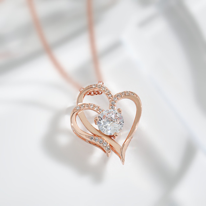 Cross-Border Platinum Double-Heart Pendant Necklace Women's Heart-to-Heart Elegant Temperament High-Grade Inlaid Zircon Heart Necklace