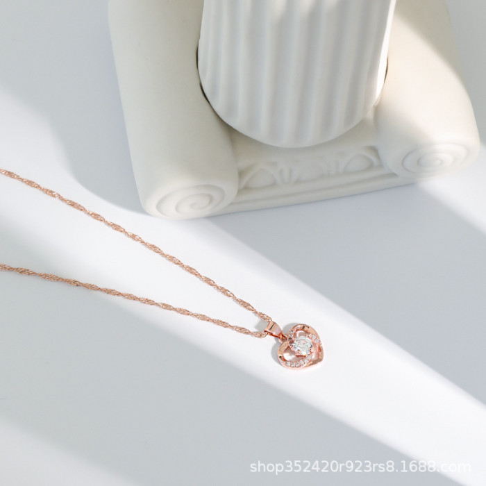 18K Rose Gold Heart Diamond Necklace TikTok INS Simple Couple Versatile Classic Sparkling Diamond Heart Necklace