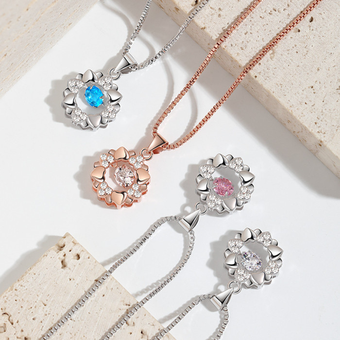 18K Rose Gold Heart-Shaped Dancing Pendant Necklace Gift for Girlfriend Double Layer Snowflake Dancing Heart Bud Dynamic Necklace