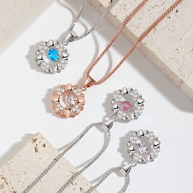 18K Rose Gold Heart-Shaped Dancing Pendant Necklace Gift for Girlfriend Double Layer Snowflake Dancing Heart Bud Dynamic Necklace