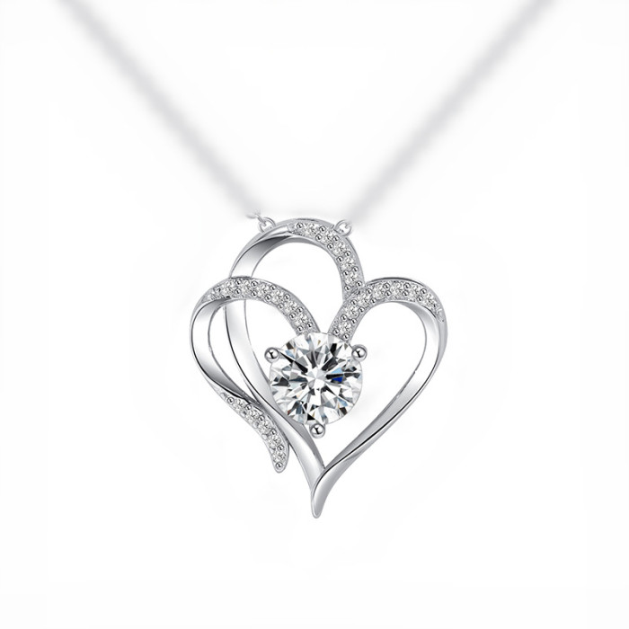 Cross-Border Platinum Double-Heart Pendant Necklace Women's Heart-to-Heart Elegant Temperament High-Grade Inlaid Zircon Heart Necklace