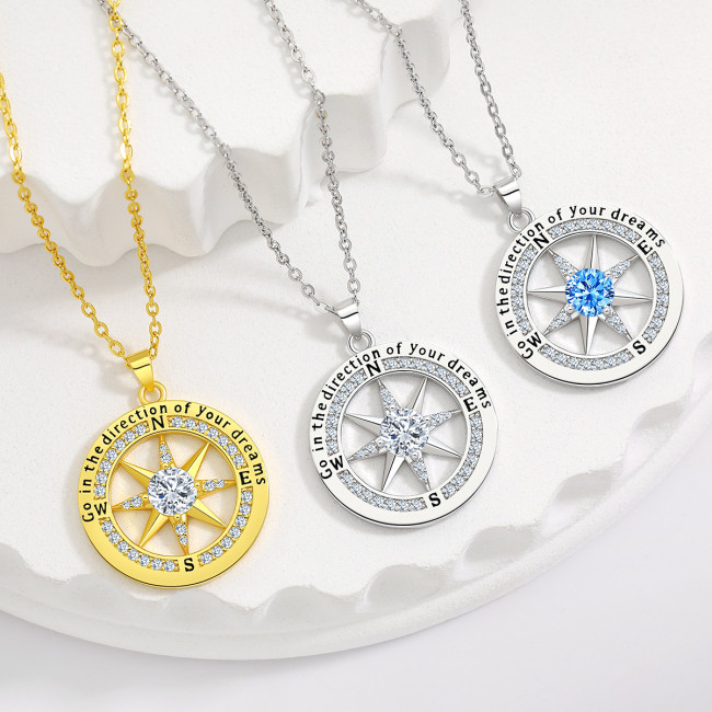 Cross-Border AliExpress Dyed Black Compass English Pendant European and American Amazon Niche Eight-Pointed Star Compass Necklace