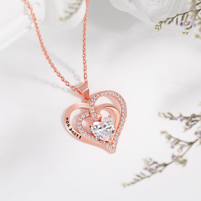 Amazon Eternal Heart Hot-Selling Necklace European and American Twelve Constellations Black-Dyed Letter LOVE Double-Layer Heart Necklace