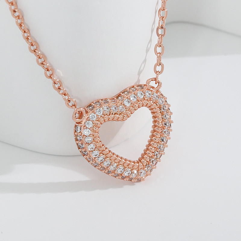 Korean Style Simple Heart Necklace Original Design Hollow Braided Double Layer Rose Gold Inlaid Diamond Heart Necklace