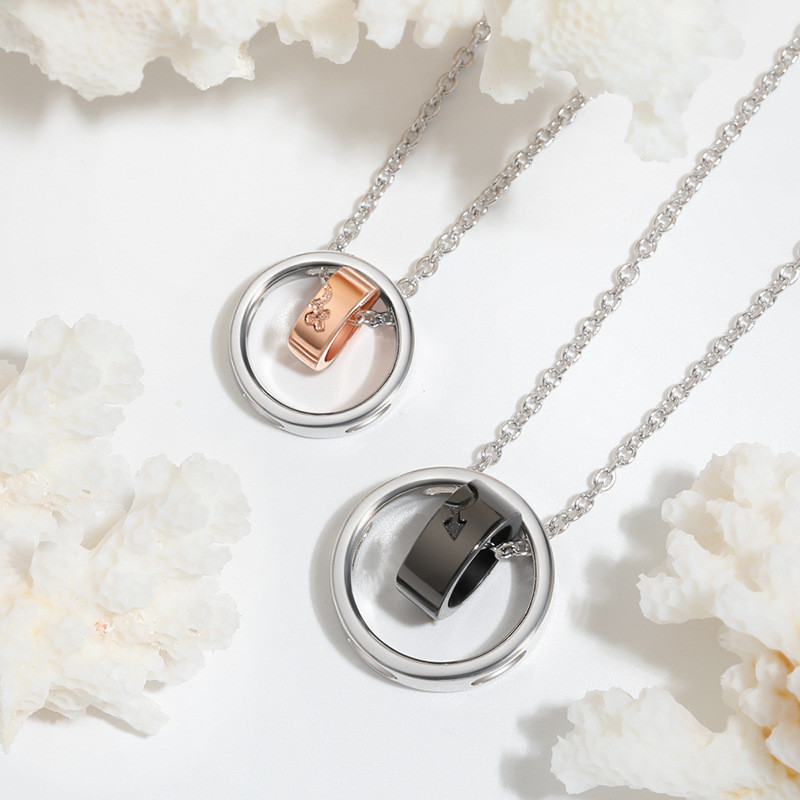 Beauty and the Beast Double Ring Pendant Necklace Japanese and Korean Version Gold Mixed Color High-end Sense Interlocking Couple Necklace