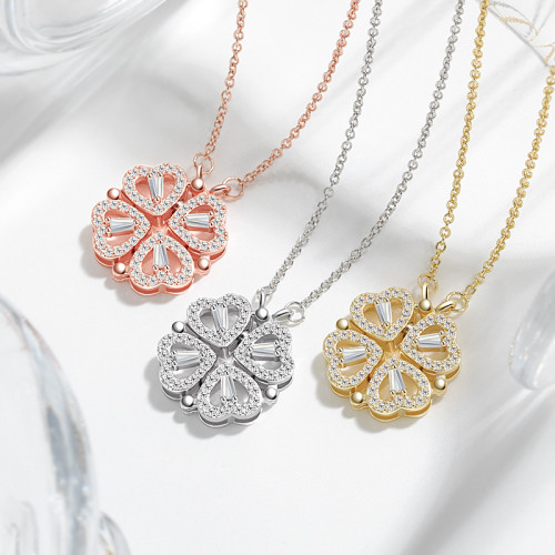 Dual-Wear-Style Love Heart Flowers Pendant Heart-Connected Niche Design-Style Multi-Wear Heart-Shaped Clover Necklace