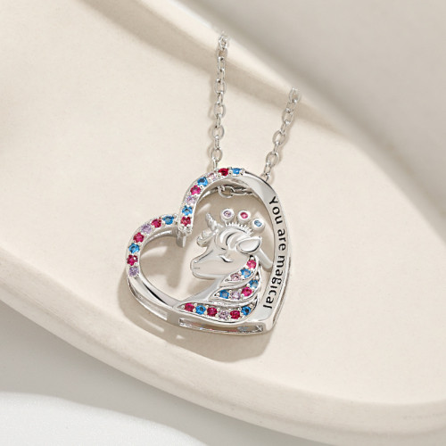 Colorful Zircon Pony Pendant Girl Necklace Cross-Border European and American New High-End Cute Crown Unicorn Necklace