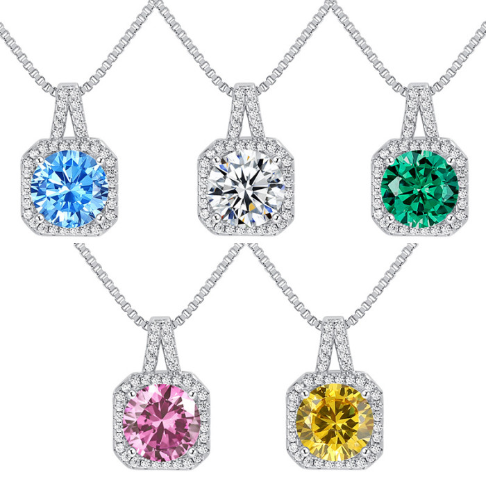 Cross-Border Hot Selling Twelve Star Stone Cube Sugar Necklace European and American Gem Internet Celebrity High-Grade Four-Claw Square Bag Necklace