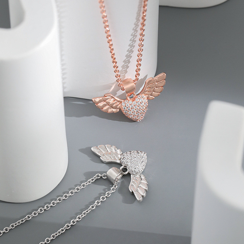 Chinese Valentine's Day Gift Starry Sky Heart Necklace Original Design Heart-shaped Feather Wings Cupid Angel Wings Necklace