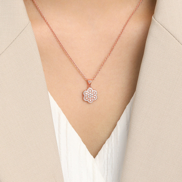 Original Design Peach Blossom Pendant Necklace Internet Celebrity Style INS Full Diamond Hollow Inlaid Simple Cherry Blossom Necklace