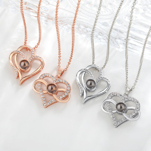 One Hundred I Love You LOVE Necklace Foreign Trade European and American High-end Projection Stone One Hundred Languages Heart Necklace
