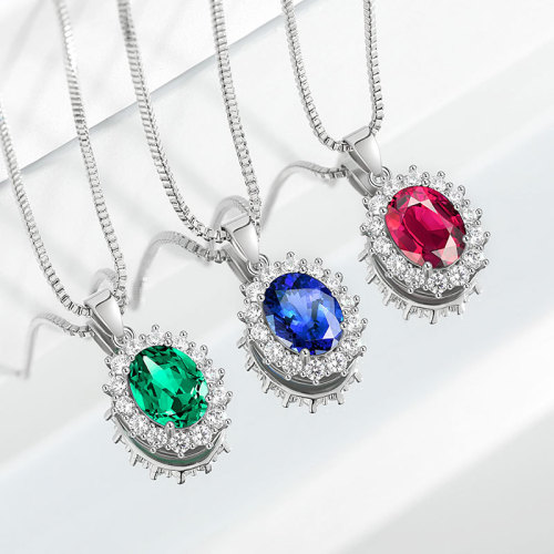 Cross-Border Hot Selling Multicolor Pendant Gemstone Necklace European and American High-End Princess Round Sapphire Sunflower Necklace