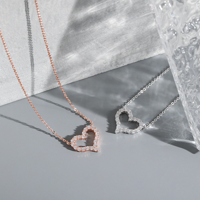 18K Versatile Japanese Style Heart Collarbone Chain Rose Gold Simple Fashion Exquisite Heart-Shaped Full Diamond INS Heart Necklace