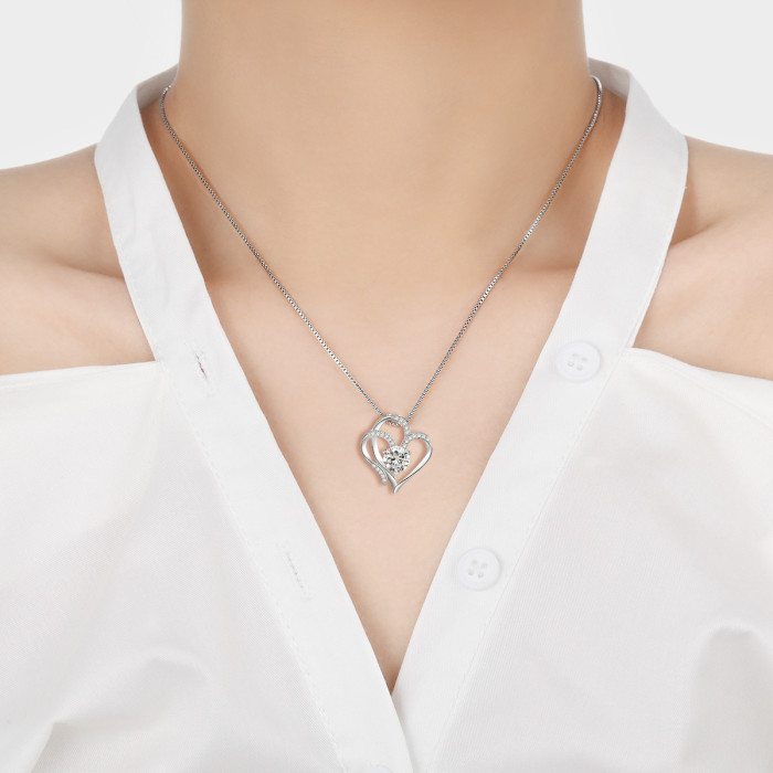 Amazon New Double Heart Pendant Necklace for Women European and American High-End Inlaid Colorful Zircon Heart-to-Heart Love Necklace