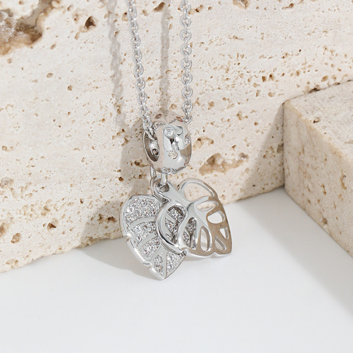 Original Design Diamond-Studded Leaf Pendant Necklace Internet Celebrity Live Streaming Dropshipping Simple and High-End Double-Layer Leaf Necklace