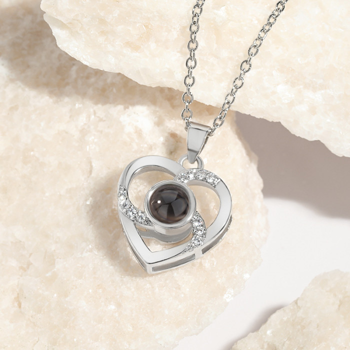 One Hundred Languages Projection Stone Pendant Necklace for Women One Hundred I Love You Hollow Heart Necklace