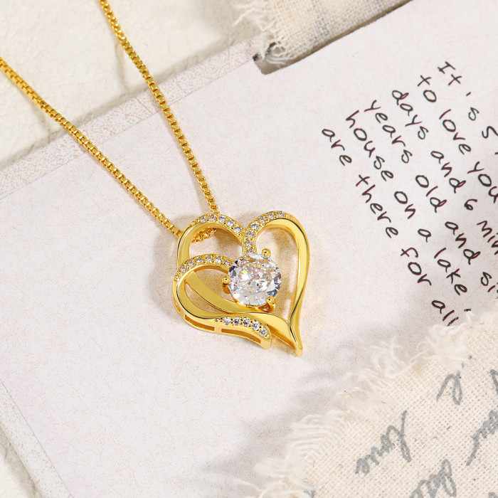 Amazon New Double Heart Pendant Necklace for Women European and American High-End Inlaid Colorful Zircon Heart-to-Heart Love Necklace