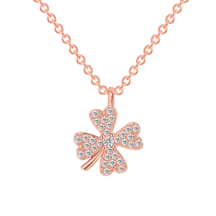 Pink Diamond Lucky Clover Pendant Collarbone Chain for Women, Internet Celebrity Live Streaming Niche Design INS Style Fashion Four-Leaf Clover Necklace