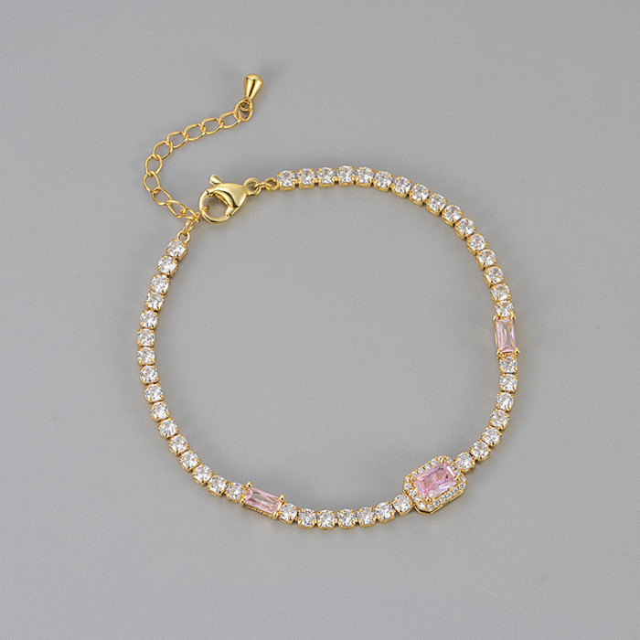 Cross-Border European and American Pink Square Full Diamond Crystal Bracelet for Women, Light Luxury Niche Emerald Exquisite Best Friend Bracelet Manufacturer