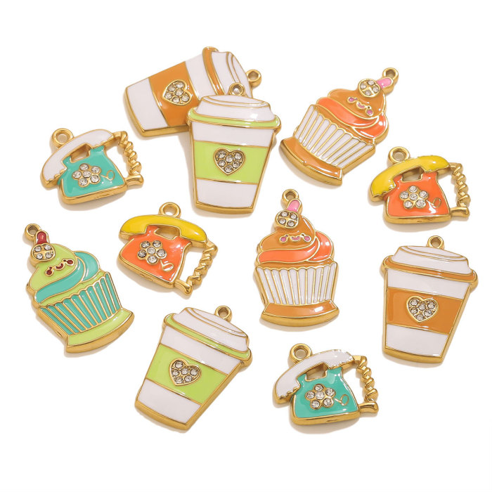 DIY Stainless Steel Oil Drop Cartoon Pendant Summer Cute Style Ice Cream Cup Phone Charm Jewelry Accessories, Necklaces