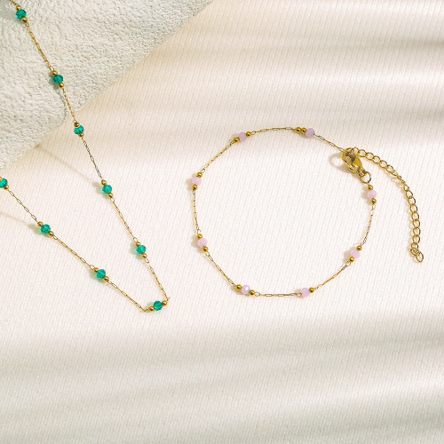 Ins Style Natural Stone Bead Chain Necklace Bracelet Stainless Steel Chain Simple Exquisite Layered Summer Short Style