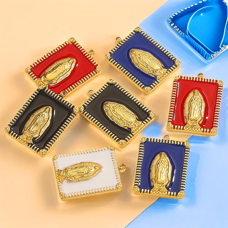 Stainless Steel Cross-border Vintage Oil Drop Square Virgin Mary Pendant 18K Gold Plated DIY Jewelry Accessories Wholesale