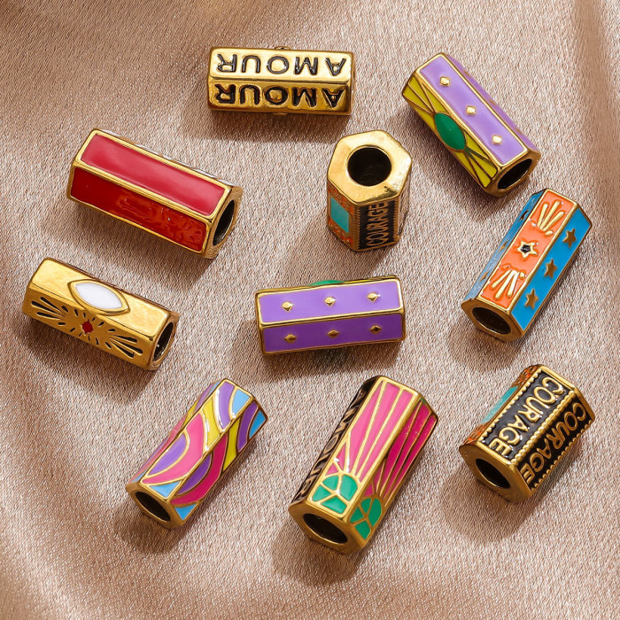 Cross-Border New Stainless Steel Casting Hexagonal Colorful Oil Drop Large Hole Long Beads DIY Jewelry Accessories Parts Wholesale