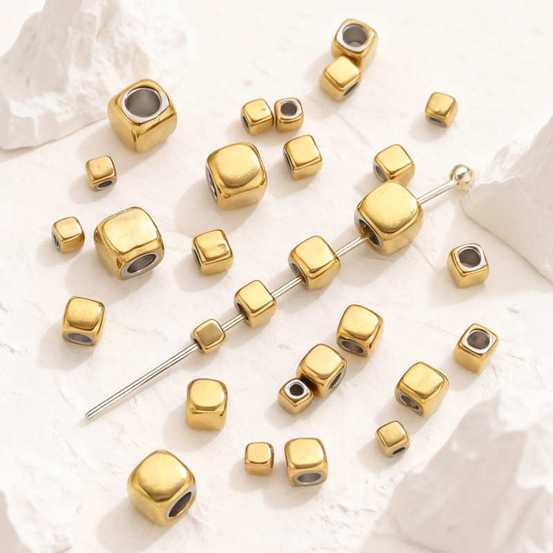 Stainless Steel Gold-Plated Square Spacer Beads Square Beads Smooth Solid Loose Beads Handmade DIY Beaded Jewelry Wholesale