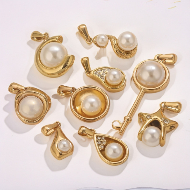 Korean Style Pearl Pendant Wholesale Stainless Steel 18K Gold Plated Inlaid Pearl Necklace Fashion DIY Jewelry Access...