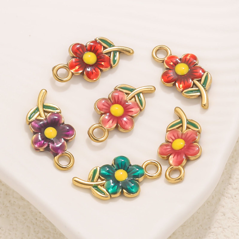 Stainless Steel Cute Flower Double-Sided Oil Drop Pendant DIY Jewelry Accessories Pendant Bracelet Necklace Earring Accessories