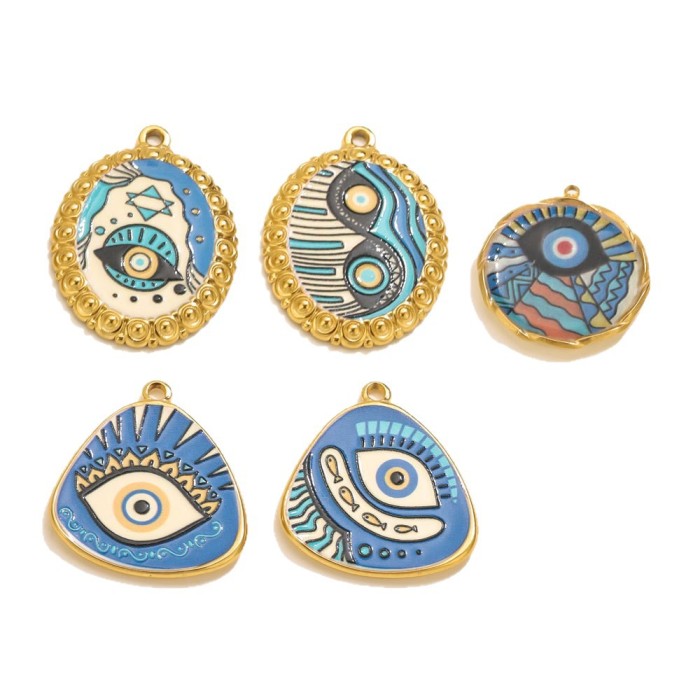 Stainless Steel Irregular Blue Heart Print Eye Flower Enamel DIY Jewelry Accessories Small Pendant Heart Pendant