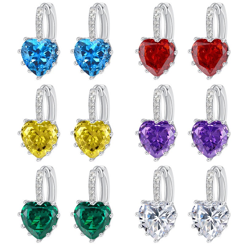 Korean Version High-End Colorful Diamond Heart Ear Clips Ear Cuffs AliExpress Wish New Twelve Constellations AAA Heart-Shaped Earrings