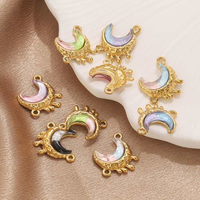Stainless Steel Starry Sky Series Dreamy Colorful Moon Double Hole Pendant DIY Necklace Accessories