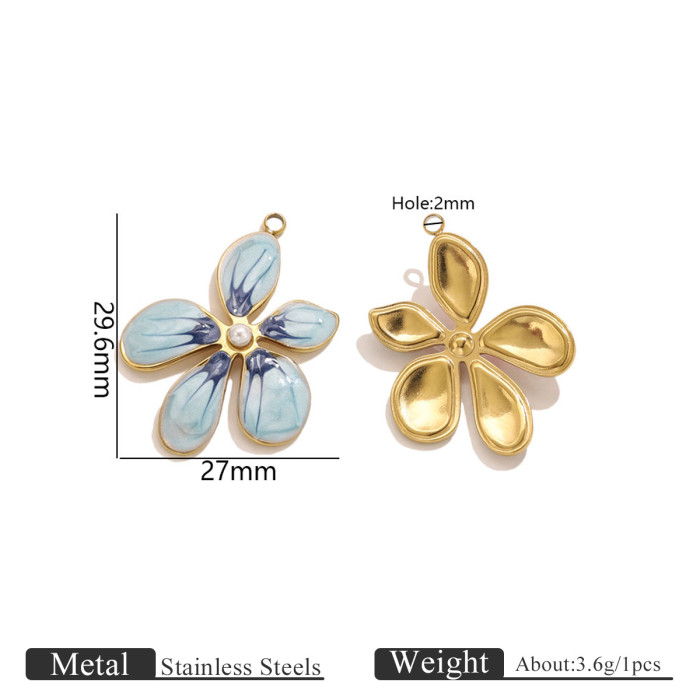 Colorful Oil Drop Flower Pearl Pendant Stainless Steel Edge Petal Hanging DIY Bracelet Necklace Earring Jewelry Accessories