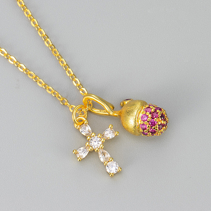 New Brushed Pinecone Cross Necklace Exquisite Ancient Method Full Diamond Super Shiny Pink Niche Design Fashion Pendant