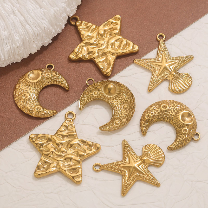 Stainless Steel Vacuum Gold-Plated Five-Pointed Star Pendant DIY Cross-Border Necklace Moon Pendant Jewelry Creative Accessories