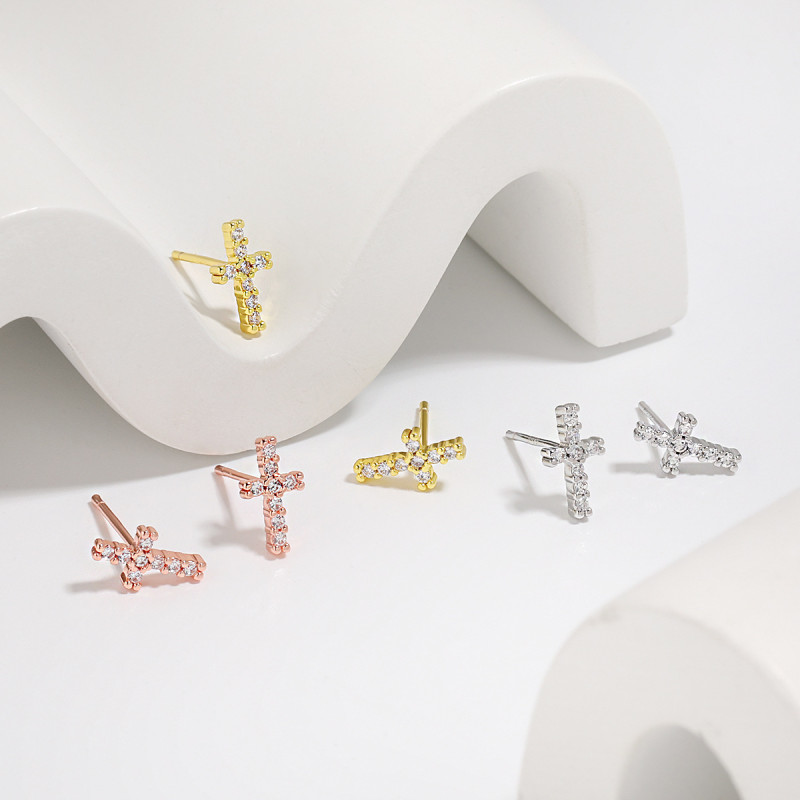 Amazon Hot Sale Live Piercing Earrings Japanese and Korean Fashion Versatile Simple Mini Full Diamond Cross Stud Earrings