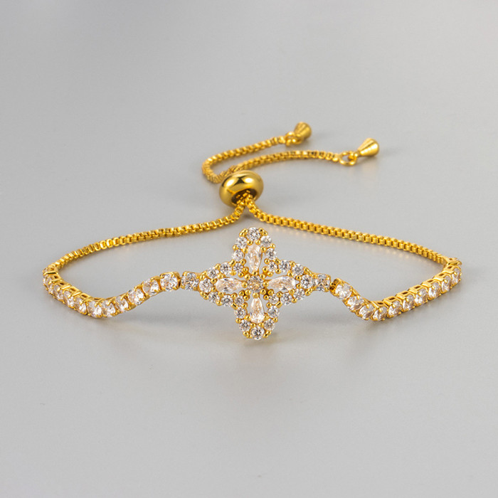 Zircon Rhombus Flower Bracelet Fashion Commuting Light Luxury Adjustable Bracelet Versatile High-end Niche Jewelry Fu...